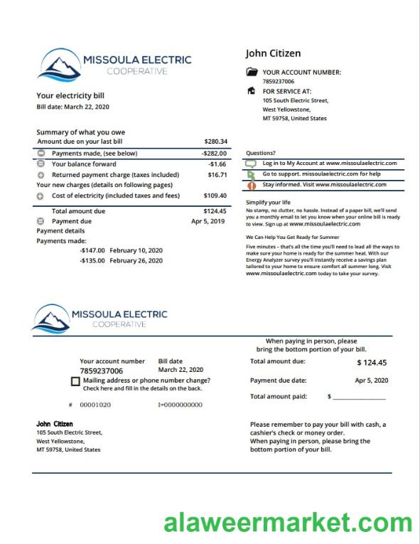 USA Montana Missoula Electric Cooperative electricity utility bill template in Word and PDF format